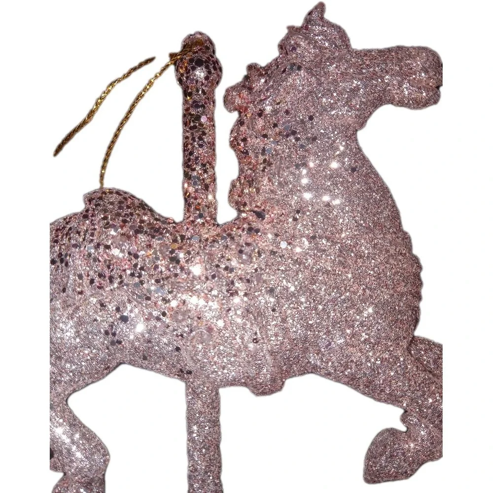 Lot of 3 Carousel Horse Christmas Tree Ornaments Champagne Rose Gold Glitter NEW